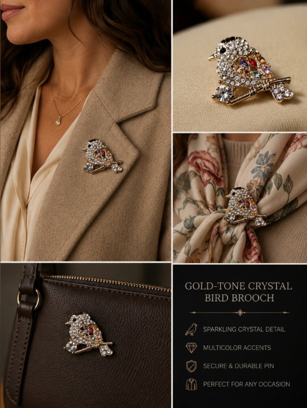 Gold-Tone Crystal Bird Brooch with Multicolor Accents